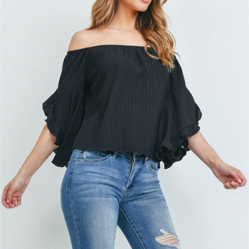 NWT Black Off Shoulder Ruffled Split Bell Sleeve - Picture 6 of 6
